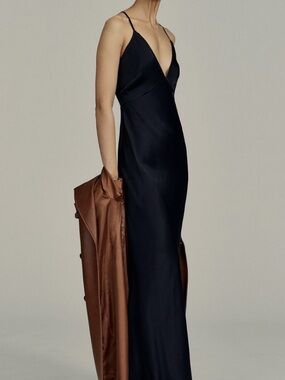 Anthropologie Black Satin Slip Dress with Crisscross Straps